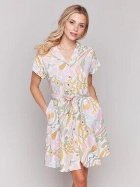 Charlie B Linen Blend Sleeve Button-Front Dress Size L